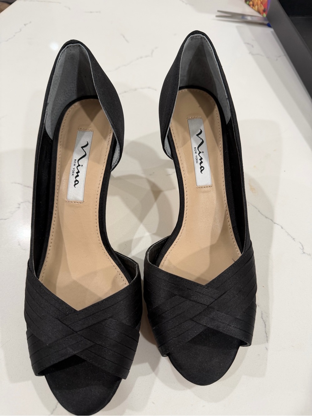 Nina Black Satin Peep-Toe Crisscross Heels